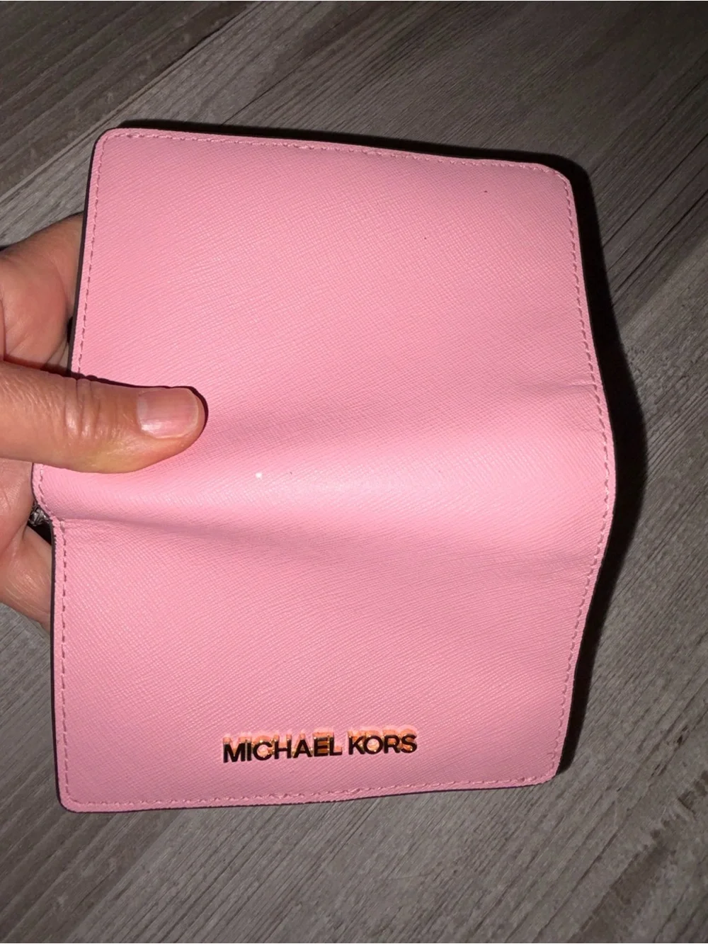 Michael Kors Pink Saffiano Leather Bifold Card Wallet with Gold Logo